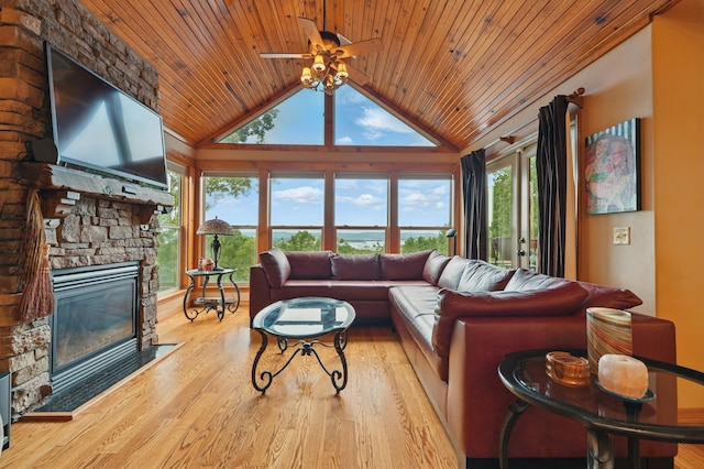 1041 Skyview Dr, Branson, MO 65616 - living area featuring wooden ceiling, a fireplace, ceiling fan, wood finished floors, and high vaulted ceiling