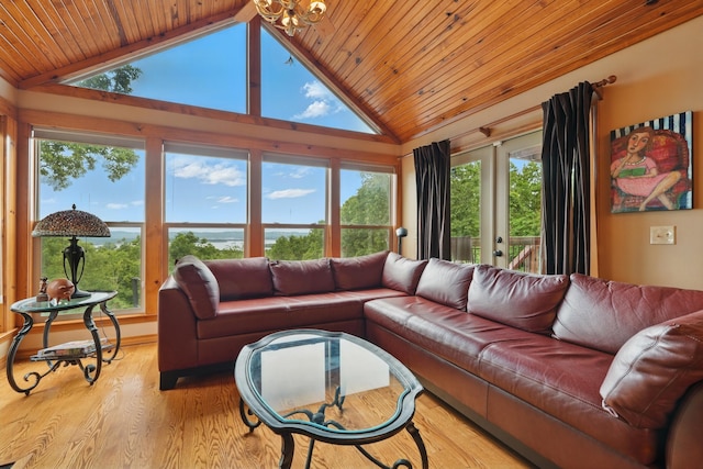 1041 Skyview Dr, Branson, MO 65616 - living room featuring wood ceiling, lofted ceiling, and light wood-style flooring