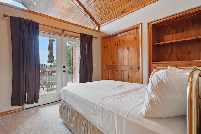 1041 Skyview Dr, Branson, MO 65616 - bedroom featuring access to outside, wood ceiling, carpet flooring, vaulted ceiling, and french doors