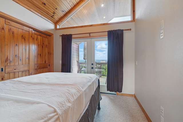 1041 Skyview Dr, Branson, MO 65616 - carpeted bedroom featuring wooden ceiling, lofted ceiling, french doors, access to exterior, and baseboards