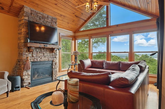 1041 Skyview Dr, Branson, MO 65616 - living area featuring wood ceiling, wood finished floors, a stone fireplace, and high vaulted ceiling