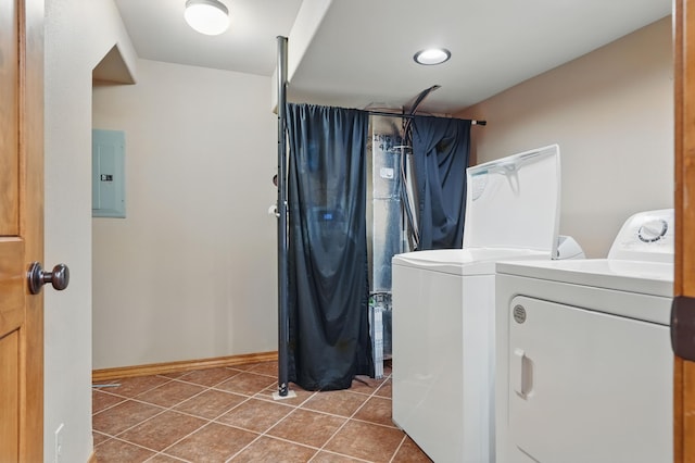 1041 Skyview Dr, Branson, MO 65616 - laundry room featuring washing machine and dryer, electric panel, tile patterned floors, and baseboards