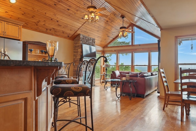 1041 Skyview Dr, Branson, MO 65616 - living room featuring a ceiling fan, light wood-style flooring, wood ceiling, and high vaulted ceiling
