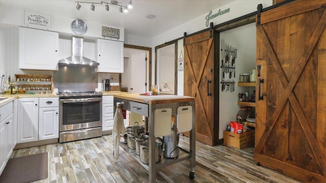 53 County Road 803a, Gainesville, MO 65655 - kitchen featuring wall chimney exhaust hood, stainless steel stove, a barn door, light wood-style flooring, and light countertops