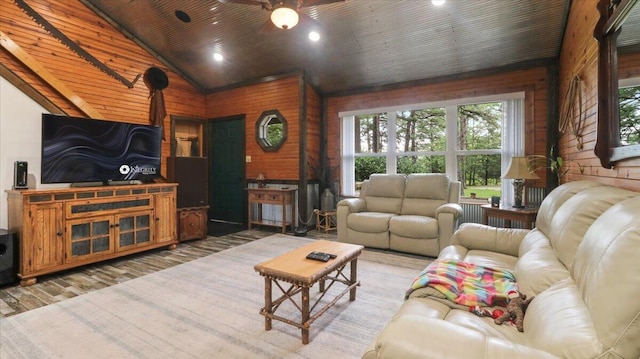 53 County Road 803a, Gainesville, MO 65655 - living area with wooden walls, light wood-style floors, ceiling fan, high vaulted ceiling, and recessed lighting