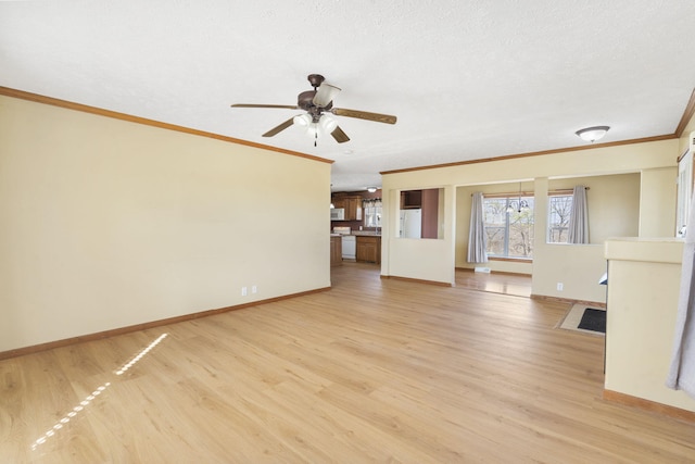 323 Shadrack Rd, Cape Fair, MO 65624 - unfurnished living room with ornamental molding, baseboards, light wood-type flooring, and ceiling fan