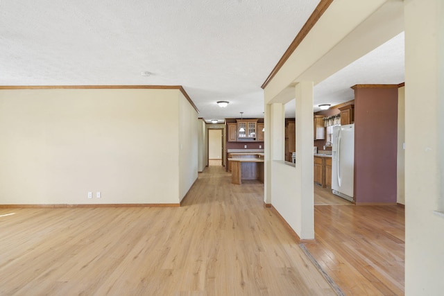 323 Shadrack Rd, Cape Fair, MO 65624 - unfurnished living room with light wood-type flooring, ornamental molding, a textured ceiling, and baseboards