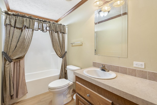 323 Shadrack Rd, Cape Fair, MO 65624 - bathroom with toilet, vanity, shower / bath combo with shower curtain, wood finished floors, and a textured ceiling