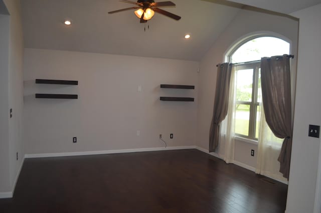 532 Holiday St, Highlandville, MO 65669 - spare room with ceiling fan, dark wood finished floors, baseboards, vaulted ceiling, and recessed lighting