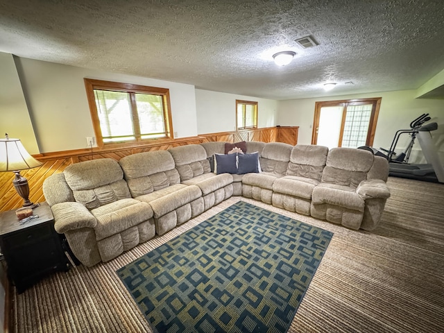 5350 E Farm Road 168, Rogersville, MO 65742 - living room with carpet floors, a textured ceiling, wainscoting, and wood walls