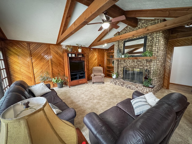 5350 E Farm Road 168, Rogersville, MO 65742 - carpeted living room featuring wood walls, a fireplace, and a ceiling fan