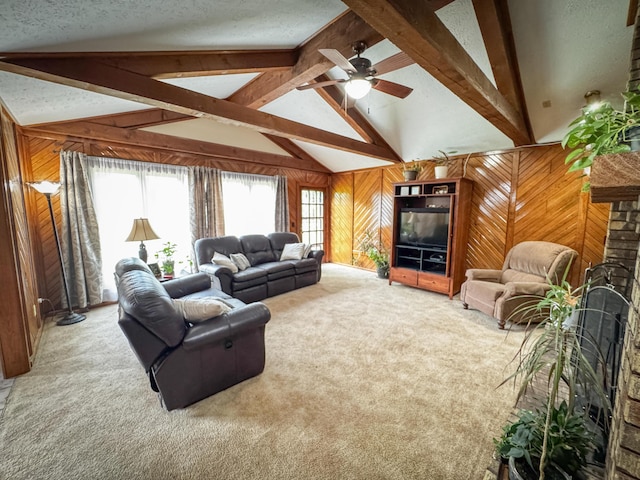 5350 E Farm Road 168, Rogersville, MO 65742 - carpeted living room with wooden walls, ceiling fan, and a textured ceiling
