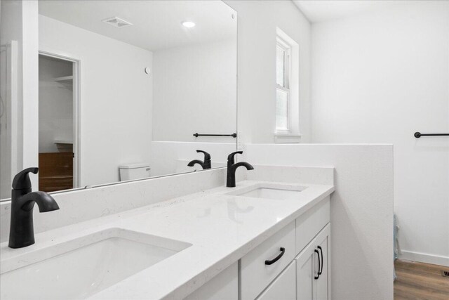 1239 W Arlington Ct, Springfield, MO 65803 - bathroom with double vanity, wood finished floors, and toilet