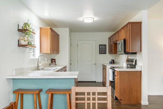 343 Cedar Glade Dr, Branson West, MO 65737 - kitchen featuring appliances with stainless steel finishes, a sink, a peninsula, light countertops, and a breakfast bar