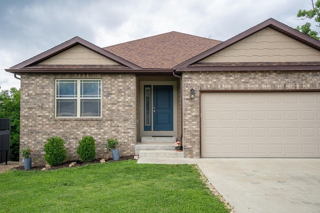 343 Cedar Glade Dr, Branson West, MO 65737 - ranch-style house with a front yard, brick siding, entry steps, driveway, and a garage