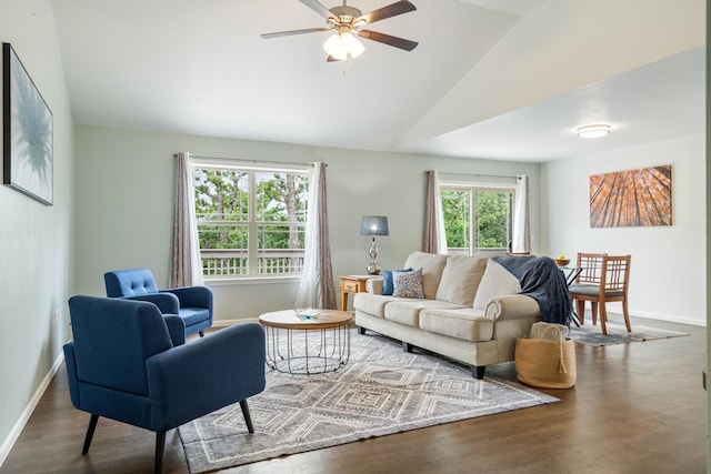 343 Cedar Glade Dr, Branson West, MO 65737 - living room with wood finished floors, vaulted ceiling, a ceiling fan, and baseboards