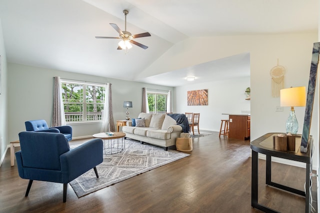 343 Cedar Glade Dr, Branson West, MO 65737 - living room with vaulted ceiling, dark wood-style floors, and ceiling fan