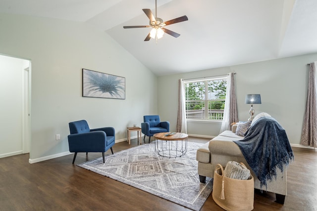 343 Cedar Glade Dr, Branson West, MO 65737 - living room featuring vaulted ceiling, ceiling fan, wood finished floors, and baseboards