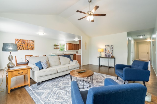 343 Cedar Glade Dr, Branson West, MO 65737 - living area featuring wood finished floors, vaulted ceiling, and a ceiling fan