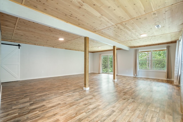 343 Cedar Glade Dr, Branson West, MO 65737 - below grade area with wooden ceiling, wood finished floors, a barn door, baseboards, and recessed lighting