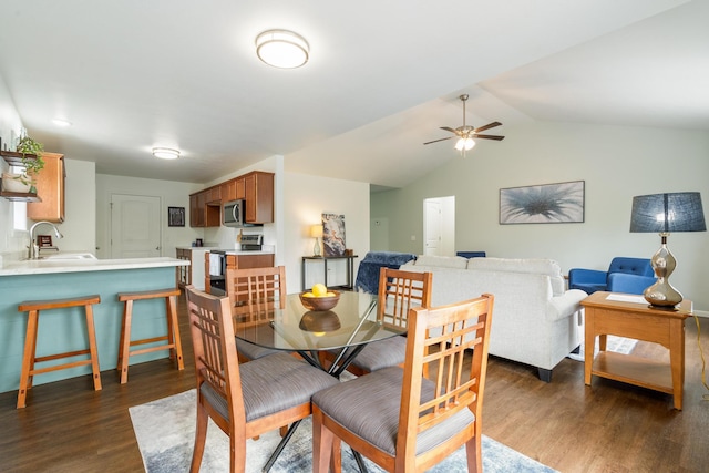 343 Cedar Glade Dr, Branson West, MO 65737 - dining space with dark wood-style flooring, ceiling fan, and vaulted ceiling