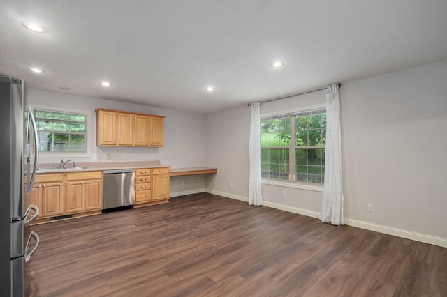2304 S 12th St, Ozark, MO 65721 - kitchen with stainless steel appliances, dark wood finished floors, light countertops, baseboards, and recessed lighting