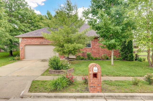 2304 S 12th St, Ozark, MO 65721 - view of property hidden behind natural elements with brick siding, roof with shingles, an attached garage, driveway, and a front yard