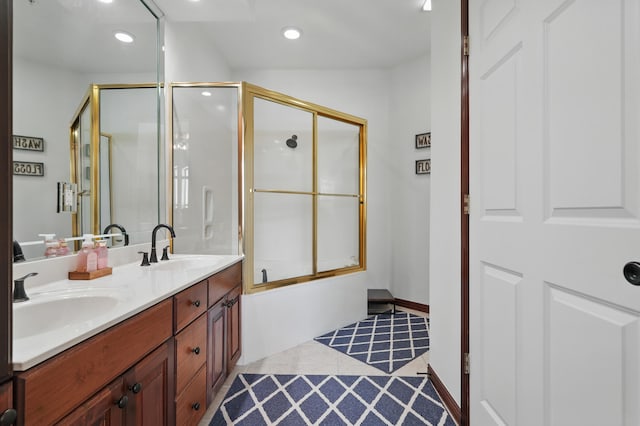235 Lower Emerald Bay Cir Unit C-6, Hollister, MO 65672 - bathroom with double vanity, recessed lighting, enclosed tub / shower combo, and tile patterned flooring