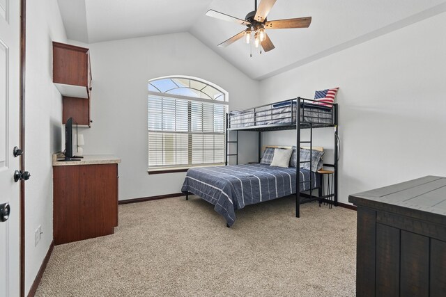 235 Lower Emerald Bay Cir Unit C-6, Hollister, MO 65672 - bedroom with light carpet, lofted ceiling, baseboards, and ceiling fan