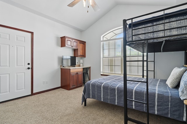 235 Lower Emerald Bay Cir Unit C-6, Hollister, MO 65672 - bedroom featuring lofted ceiling, light carpet, baseboards, and a ceiling fan
