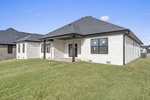 2048 N Sun Valley Dr, Springfield, MO 65802 - back of property featuring brick siding, crawl space, a patio area, and a shingled roof