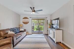 151 Highland Dr Unit 3, Branson, MO 65616 - living area with a ceiling fan, wood finished floors, and baseboards
