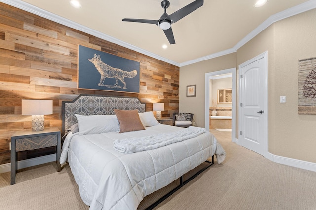 130 Royal Vista Dr Unit 601, Branson, MO 65616 - carpeted bedroom featuring wooden walls, recessed lighting, ornamental molding, connected bathroom, and baseboards