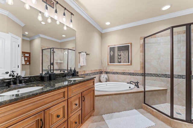130 Royal Vista Dr Unit 601, Branson, MO 65616 - full bathroom with a stall shower, a bath, double vanity, crown molding, and toilet