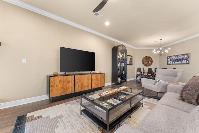 130 Royal Vista Dr Unit 601, Branson, MO 65616 - living area featuring a chandelier, wood finished floors, baseboards, crown molding, and a ceiling fan