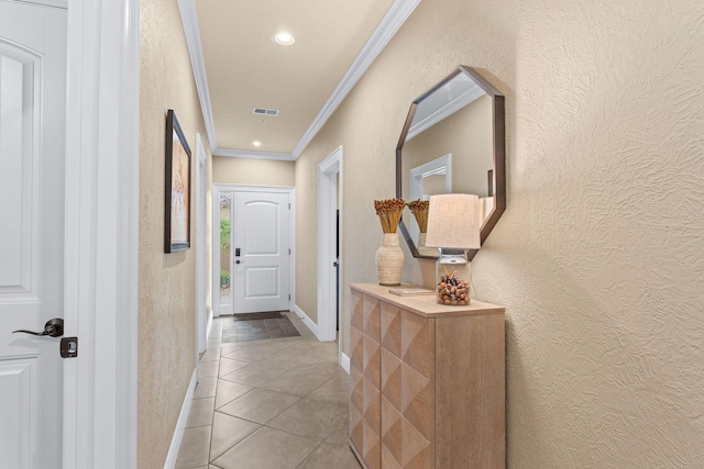 130 Royal Vista Dr Unit 601, Branson, MO 65616 - corridor with ornamental molding, a textured wall, light tile patterned floors, baseboards, and recessed lighting