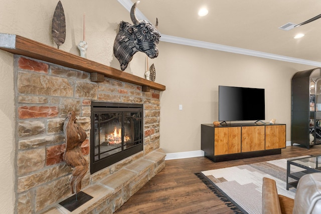 130 Royal Vista Dr Unit 601, Branson, MO 65616 - living area with ornamental molding, dark wood-style floors, baseboards, a stone fireplace, and recessed lighting