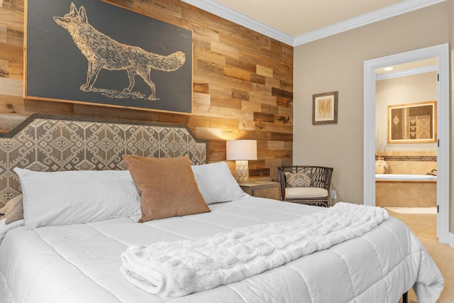 130 Royal Vista Dr Unit 601, Branson, MO 65616 - bedroom featuring ornamental molding, wooden walls, and connected bathroom