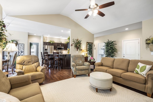 94 W Pine Ln, Reeds Spring, MO 65737 - living area featuring dark wood-style flooring, lofted ceiling, ceiling fan, and recessed lighting