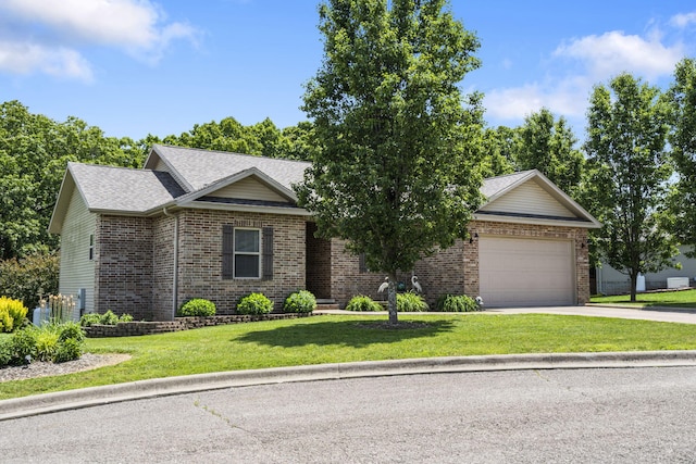 94 W Pine Ln, Reeds Spring, MO 65737 - view of front facade featuring brick siding, a garage, concrete driveway, a front yard, and a shingled roof