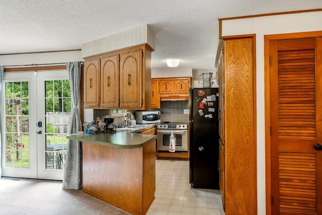 2711 E Stanford St, Springfield, MO 65804 - kitchen with stainless steel range with electric cooktop, freestanding refrigerator, white microwave, a textured ceiling, and a sink