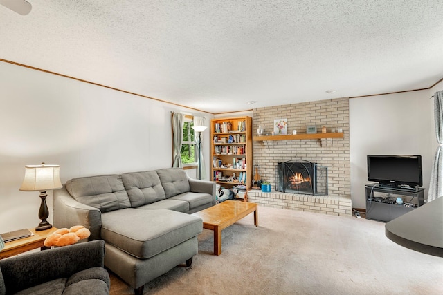 2711 E Stanford St, Springfield, MO 65804 - living room with a textured ceiling, a brick fireplace, carpet flooring, and ornamental molding