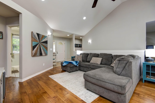 326 Country Bluff Dr, Branson, MO 65616 - living room with wood finished floors, baseboards, lofted ceiling, a ceiling fan, and recessed lighting