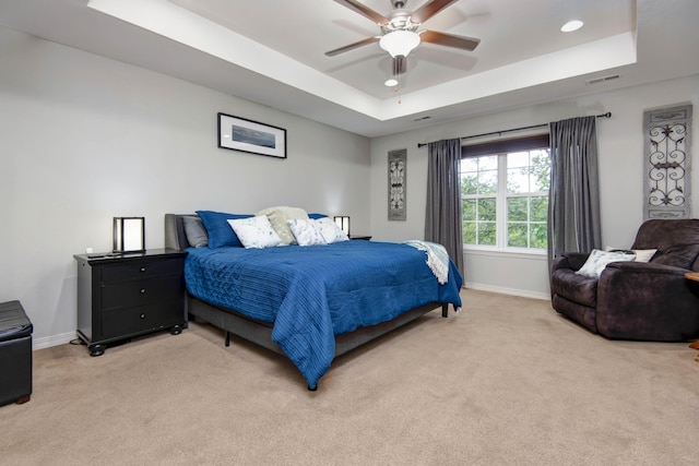 326 Country Bluff Dr, Branson, MO 65616 - bedroom with a tray ceiling, light colored carpet, baseboards, a ceiling fan, and recessed lighting