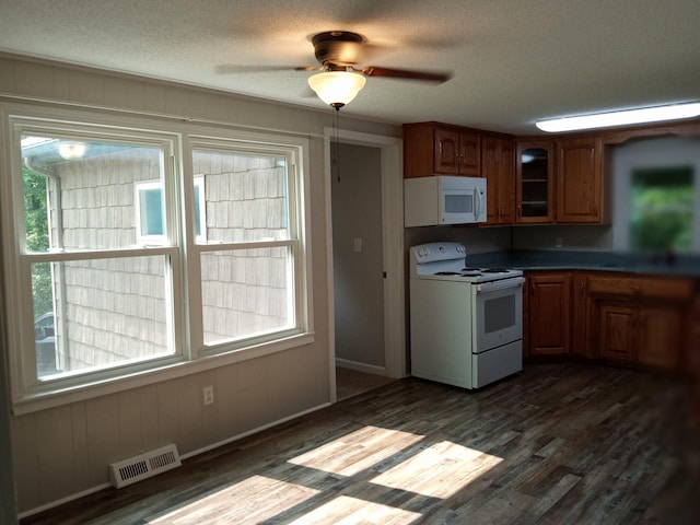 3271 Oak Grove Cir, Flemington, MO 65650 - kitchen with white appliances, plenty of natural light, dark wood-style floors, and a textured ceiling