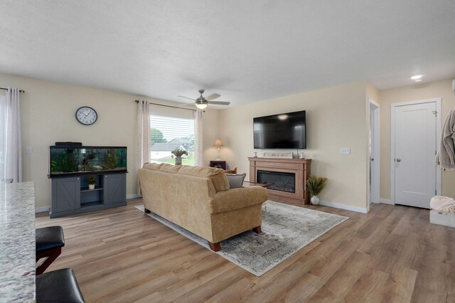 1132 E Lakota St, Nixa, MO 65714 - living room featuring a glass covered fireplace, light wood-style floors, a ceiling fan, and baseboards