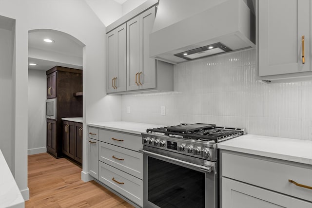 5567 E Wild Horse Dr, Springfield, MO 65802 - kitchen featuring appliances with stainless steel finishes, custom range hood, arched walkways, gray cabinets, and recessed lighting