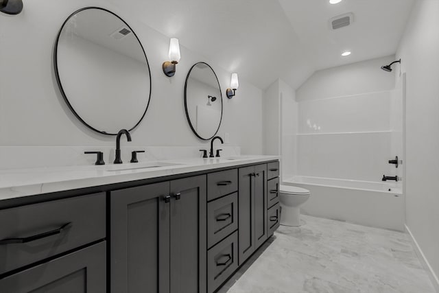 5567 E Wild Horse Dr, Springfield, MO 65802 - full bathroom featuring toilet, double vanity, shower / washtub combination, recessed lighting, and marble finish floors