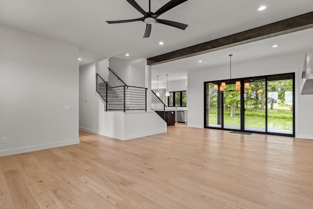 5567 E Wild Horse Dr, Springfield, MO 65802 - unfurnished living room featuring stairs, recessed lighting, ceiling fan, baseboards, and light wood finished floors