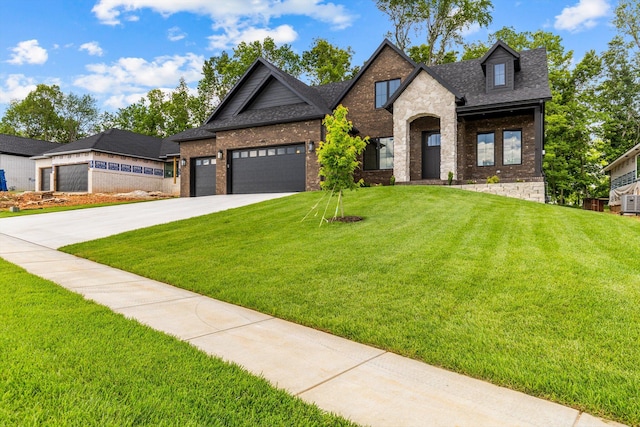 5567 E Wild Horse Dr, Springfield, MO 65802 - view of front of home with brick siding, concrete driveway, a front lawn, a garage, and roof with shingles